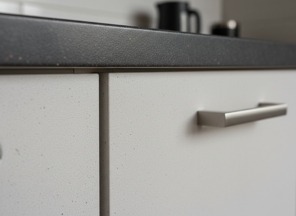 A close-up, highly detailed macro shot of a kitchen cabinet edge where high-quality decorative foil has been precisely applied. The focus is on the ultra-clean corner, showing how the film wraps seamlessly around the edge without bubbles or wrinkles. The material is a light concrete-look foil with fine, realistic texture, next to a brushed metal handle and a dark stone worktop. Diffused natural light from the side creates soft highlights along the edge and gentle shadows that enhance the tactile surface. Photographic realism, shallow depth of field with a blurred kitchen background, technical yet elegant mood, emphasizing craftsmanship and finish quality.