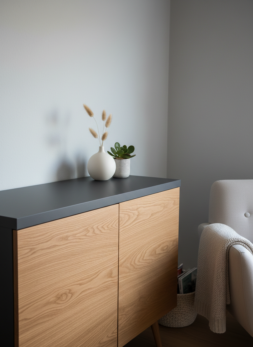 A cozy Swiss living room corner featuring a once-dark, heavy sideboard now completely restyled with warm oak-look foil on the fronts and a deep anthracite foil on the top surface. The furniture stands against a light grey wall, with a minimal decorative vase and a small plant placed on top, ensuring focus remains on the refinished surfaces. Afternoon natural light streams in from an off-frame window, producing soft highlights that reveal the wood grain texture of the foil. Photographic realism, three-quarter angle shot, balanced composition using the rule of thirds, calm and homely atmosphere that showcases furniture wrapping as a sustainable alternative to buying new.