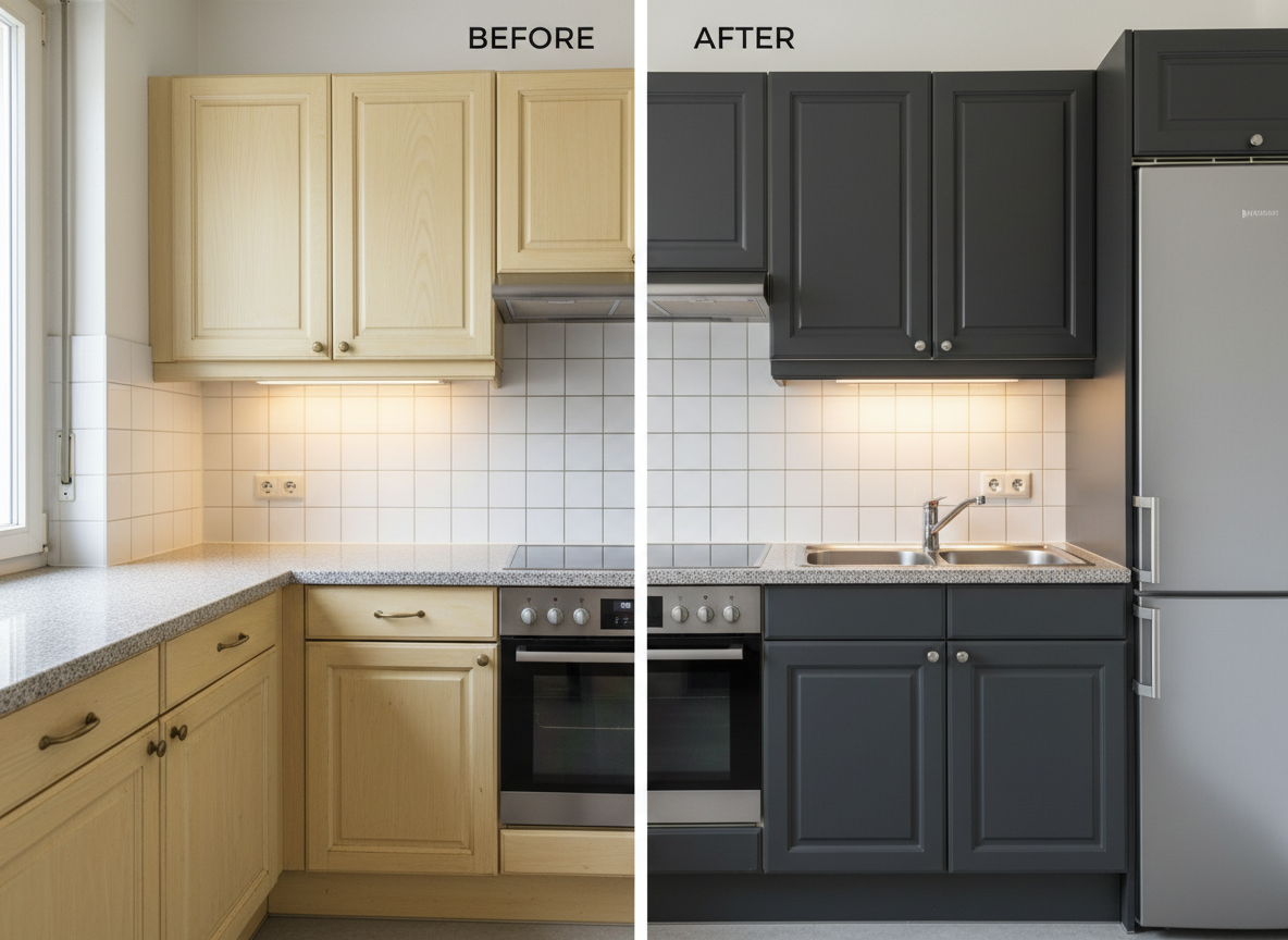 A clear before-and-after split-view of the same kitchen, left side showing dated, yellowed wooden cabinet fronts, right side displaying the same cabinets meticulously wrapped in elegant dark grey matte foil. The worktop and appliances remain identical, emphasizing the transformation of surfaces only. The scene is set in a compact Swiss apartment kitchen with tiled backsplash and under-cabinet lighting. Neutral daylight from a nearby window softly illuminates both sides, with subtle reflections on the new foil. Photographic realism, straight-on composition with a central vertical divide, balanced exposure, calm and informative mood, ideal for demonstrating the impact of professional kitchen wrapping.