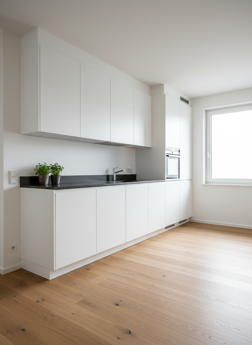 A modern, freshly renovated Swiss kitchen where every cabinet front is flawlessly wrapped in matte white foil, creating a seamless, handle-less look. The surfaces appear smooth and satin-like, with crisp edges and precise corners. The kitchen stands in an open-plan space with light oak parquet flooring and a dark stone worktop for contrast. Soft natural daylight enters from a large window, highlighting the even texture of the foil and casting gentle, linear shadows. Photographic realism, shot at eye level with a wide-angle lens, sharp focus throughout, clean and modern aesthetic, conveying professionalism, freshness, and the feeling of a brand-new kitchen achieved through expert foliation.