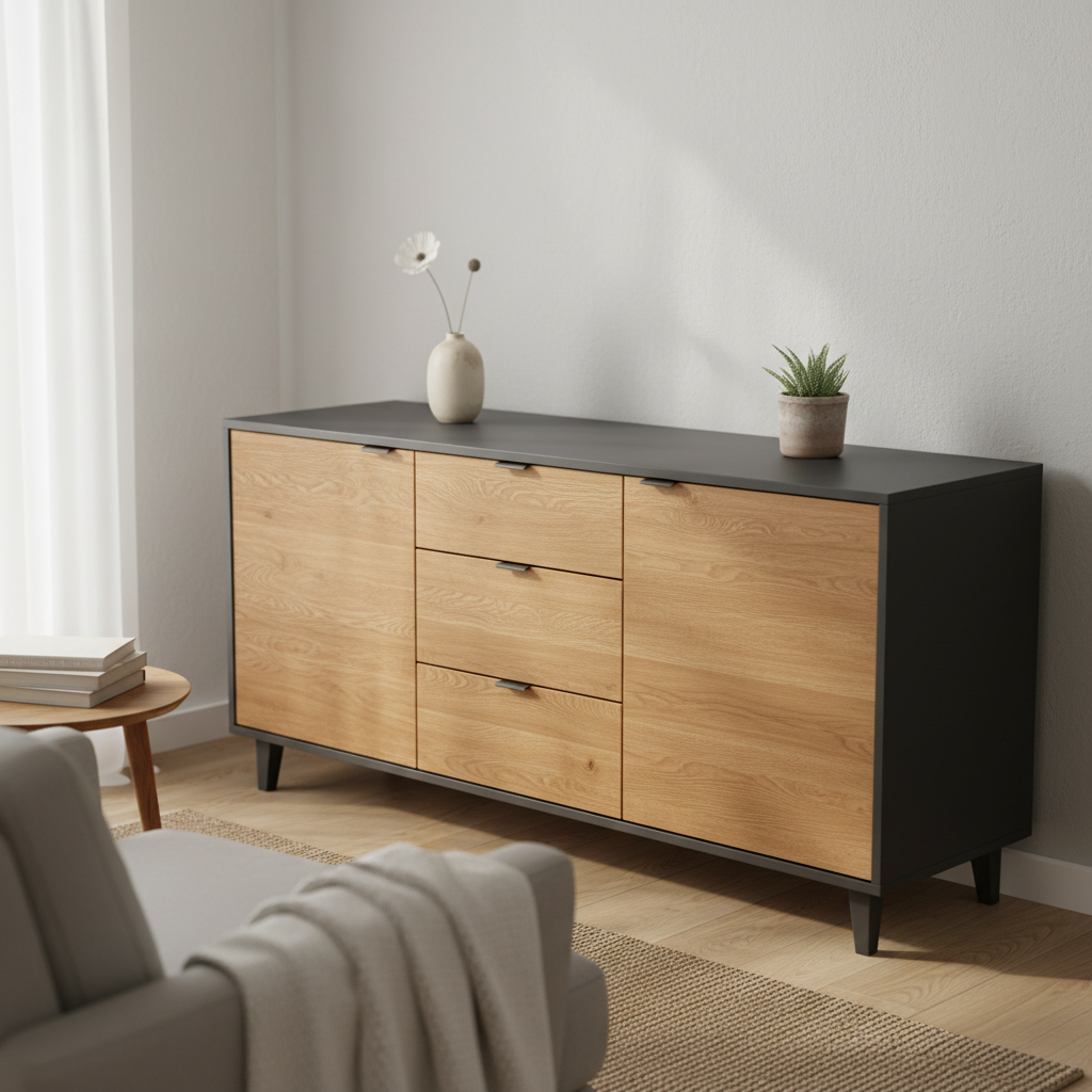 A cozy Swiss living room corner featuring a once-dark, heavy sideboard now completely restyled with warm oak-look foil on the fronts and a deep anthracite foil on the top surface. The furniture stands against a light grey wall, with a minimal decorative vase and a small plant placed on top, ensuring focus remains on the refinished surfaces. Afternoon natural light streams in from an off-frame window, producing soft highlights that reveal the wood grain texture of the foil. Photographic realism, three-quarter angle shot, balanced composition using the rule of thirds, calm and homely atmosphere that showcases furniture wrapping as a sustainable alternative to buying new.